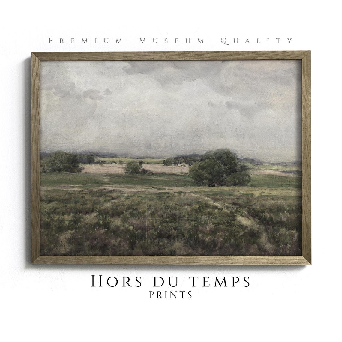 Moody Cloudy Plain with Dark Green Clumps Vintage Landscape Art Print