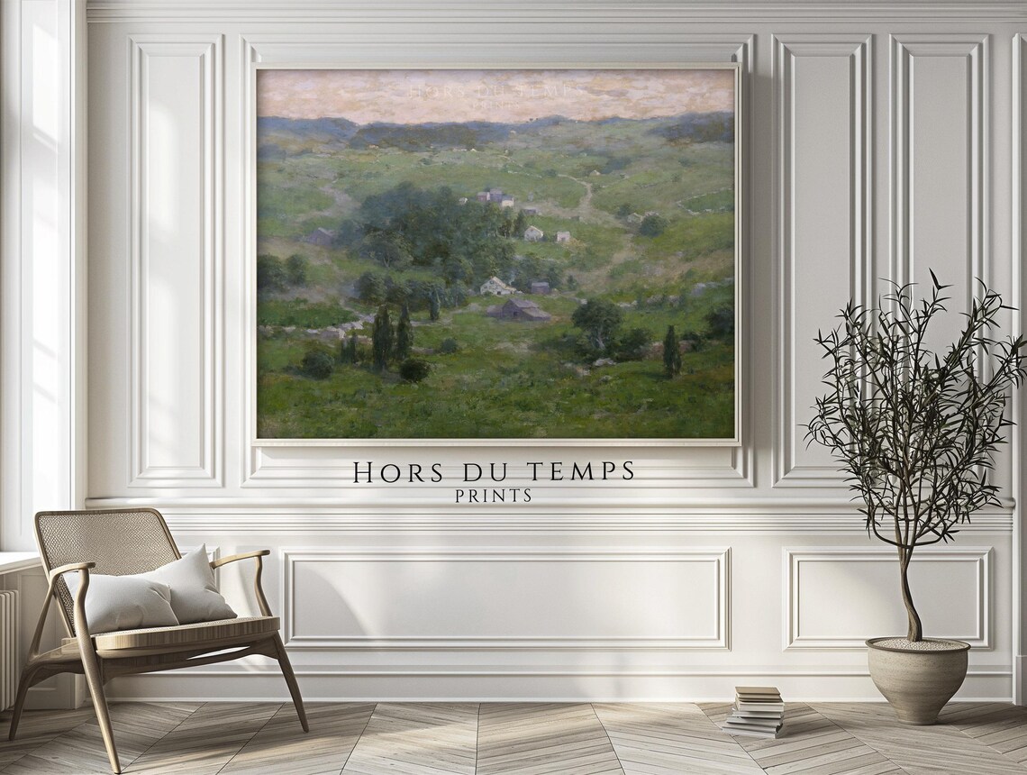 Vintage Green Valley Village Farmhouses Hazy Hills Landscape Poster - Image 2