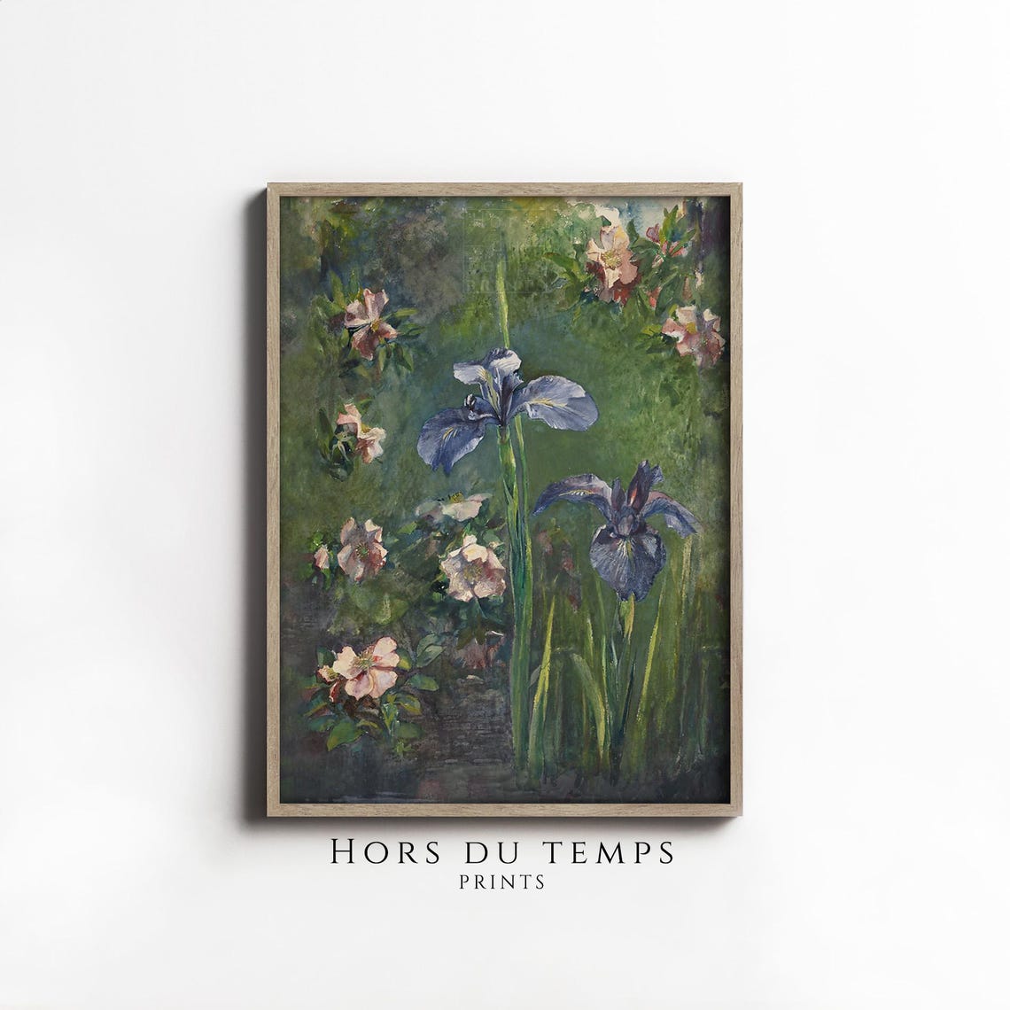 Blue Iris Blush Pink Roses Vintage Floral Garden Scene Poster