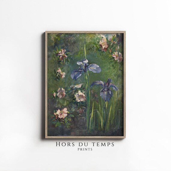 Blue Iris Blush Pink Roses Vintage Floral Garden Scene Poster