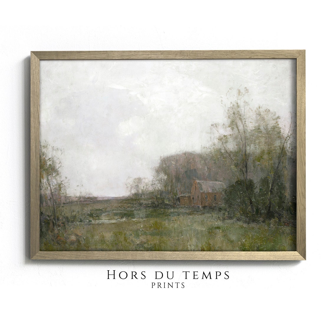 Misty Marshland Barn Soft Gray Hazy Pastoral Vintage Art Poster