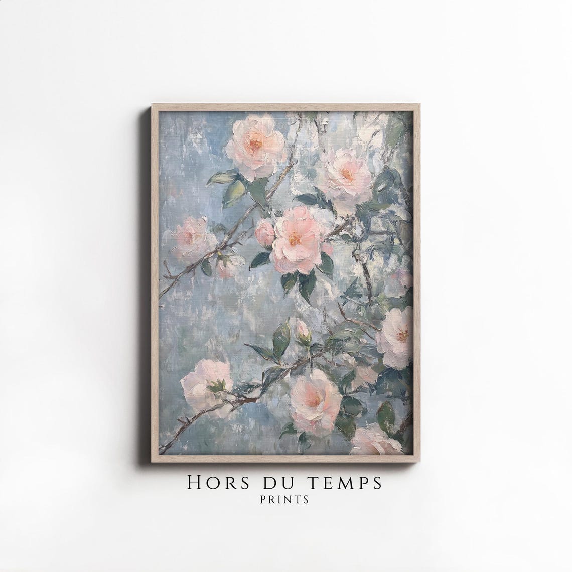 Pink Roses Blossoming Branch Soft Blue Floral Painting Wall Art