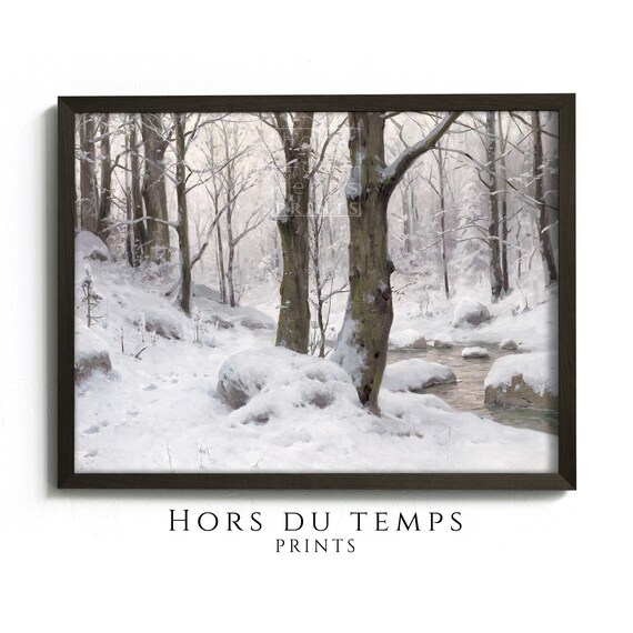 Moody Snowy Forest Landscape Painting Muted Winter Tones Rustic Country Christmas Vintage Art Hors Du Temps Prints