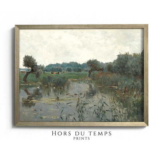 Muted Green Landscape Painting Moody Countryside River Art Vintage Rustic Wall Decor Hors Du Temps Prints