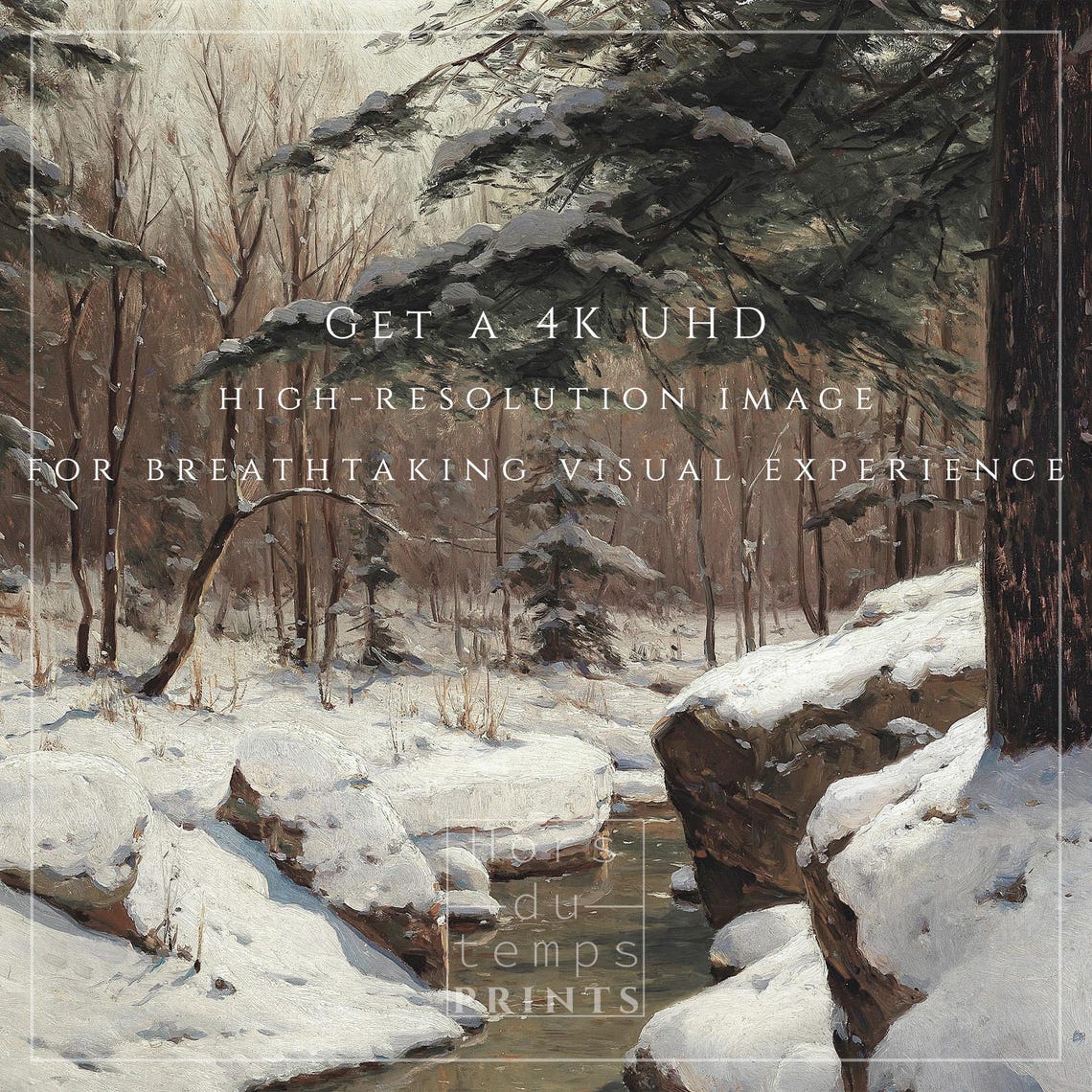 Snowy Pine Forest Stream Flowing Through Winter Woods Poster - Image 2