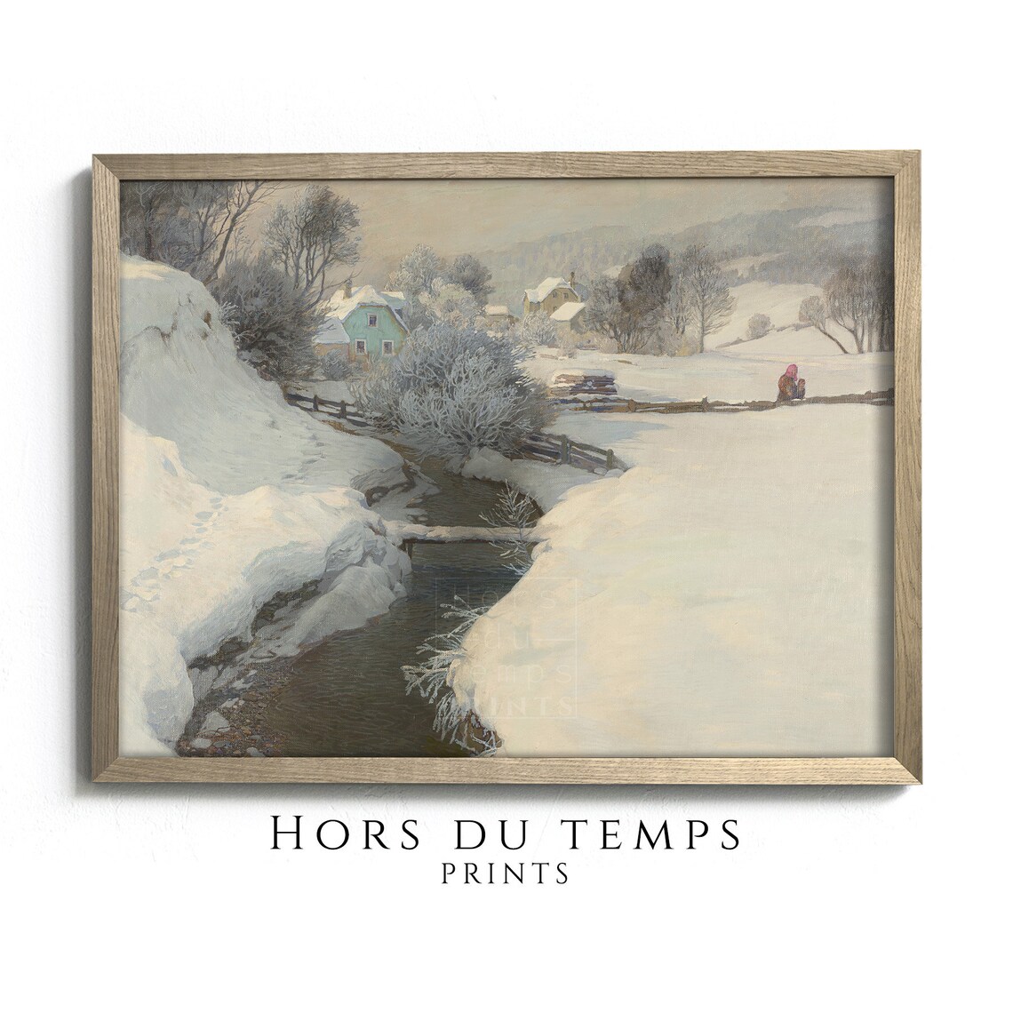Winter Village Stream Woman in Red Shawl Vintage Landscape Poster