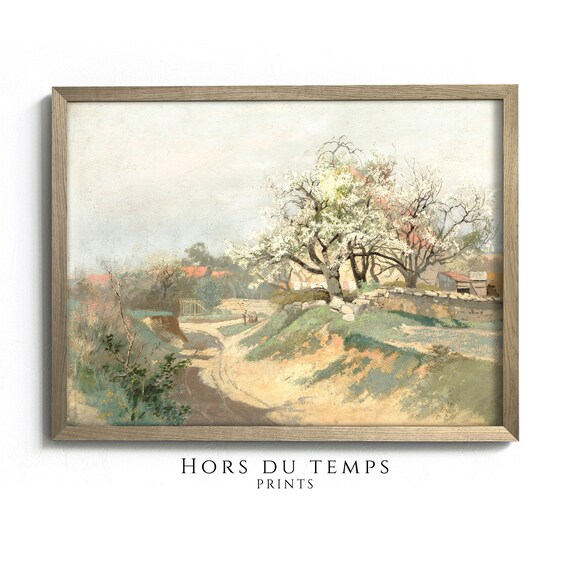 Blossoming Trees Village Road Stone Wall Spring Vintage Poster