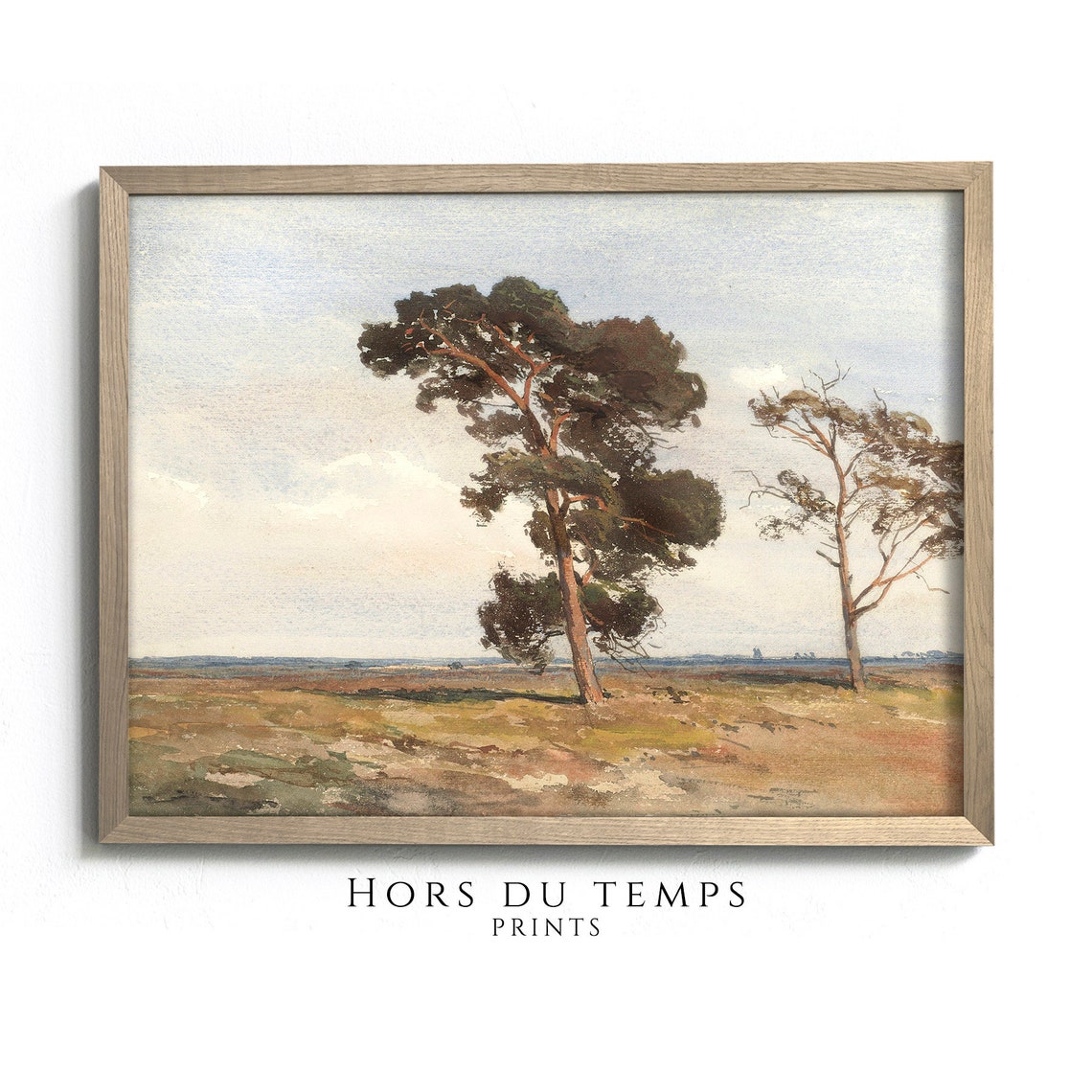 Lone Pine Trees Open Field Muted Watercolor Landscape Poster
