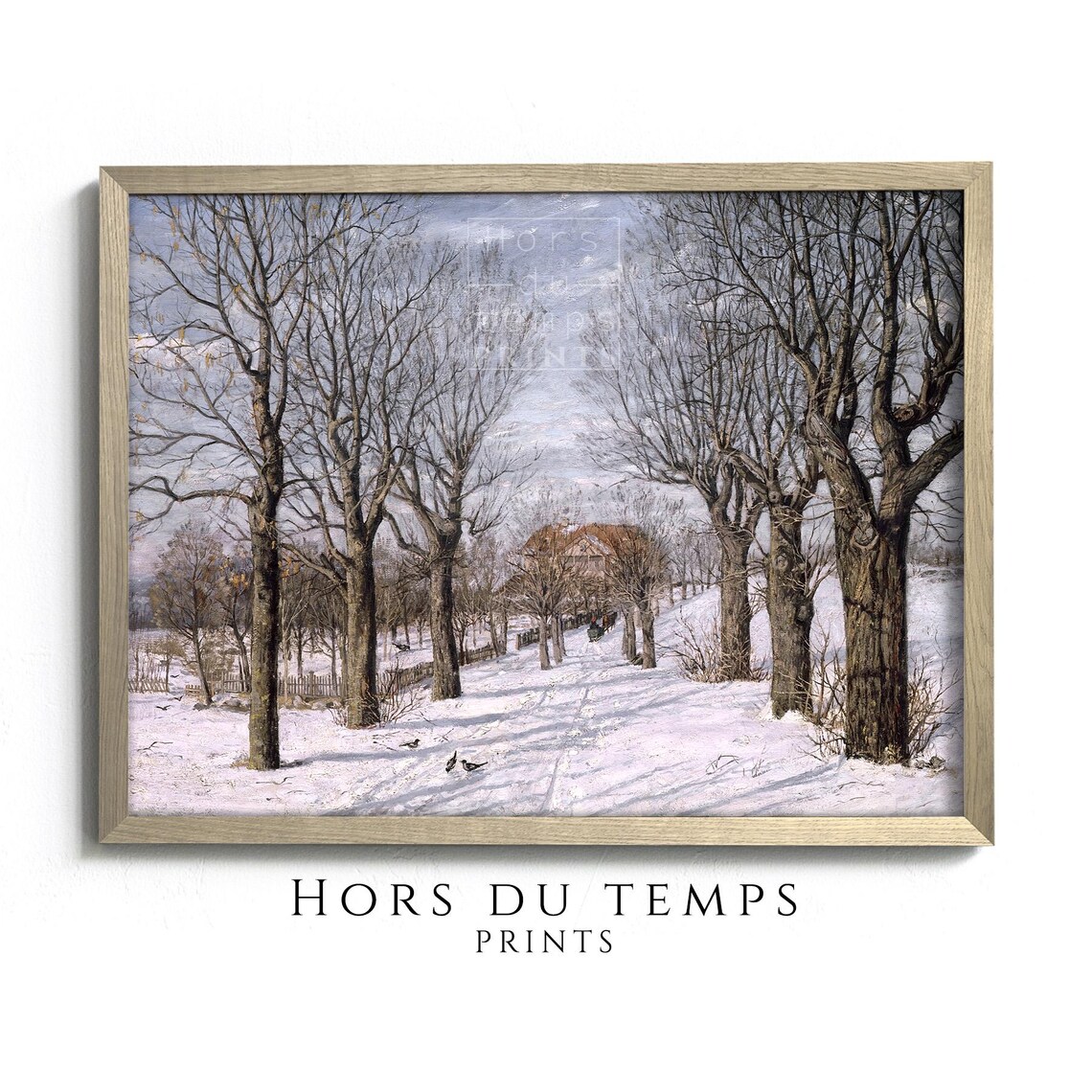 Snowy Village Farmhouse Avenue Realistic Winter Lane Birds Art Poster