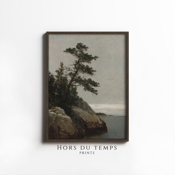 Pine Tree Rocky Coastal Cliff Calm Water Vintage Landscape Wall Art