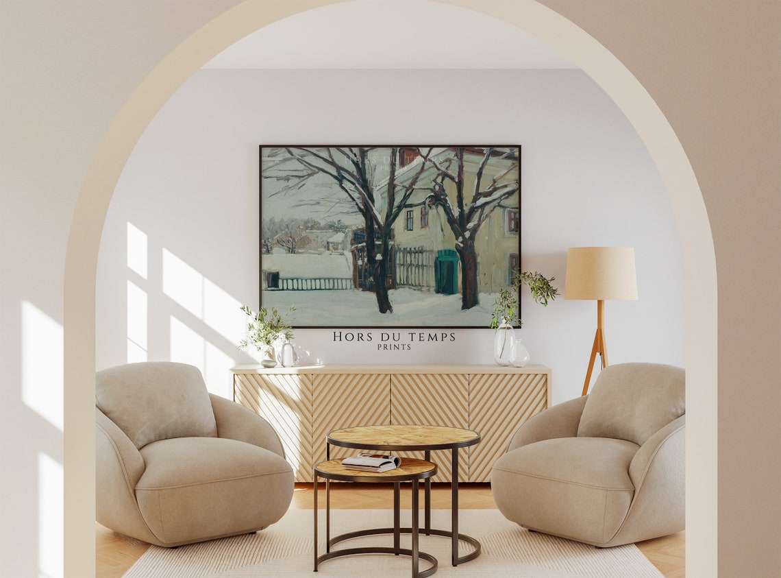 Snowy Courtyard Bare Trees Teal Door Vintage Winter Art Poster - Image 2