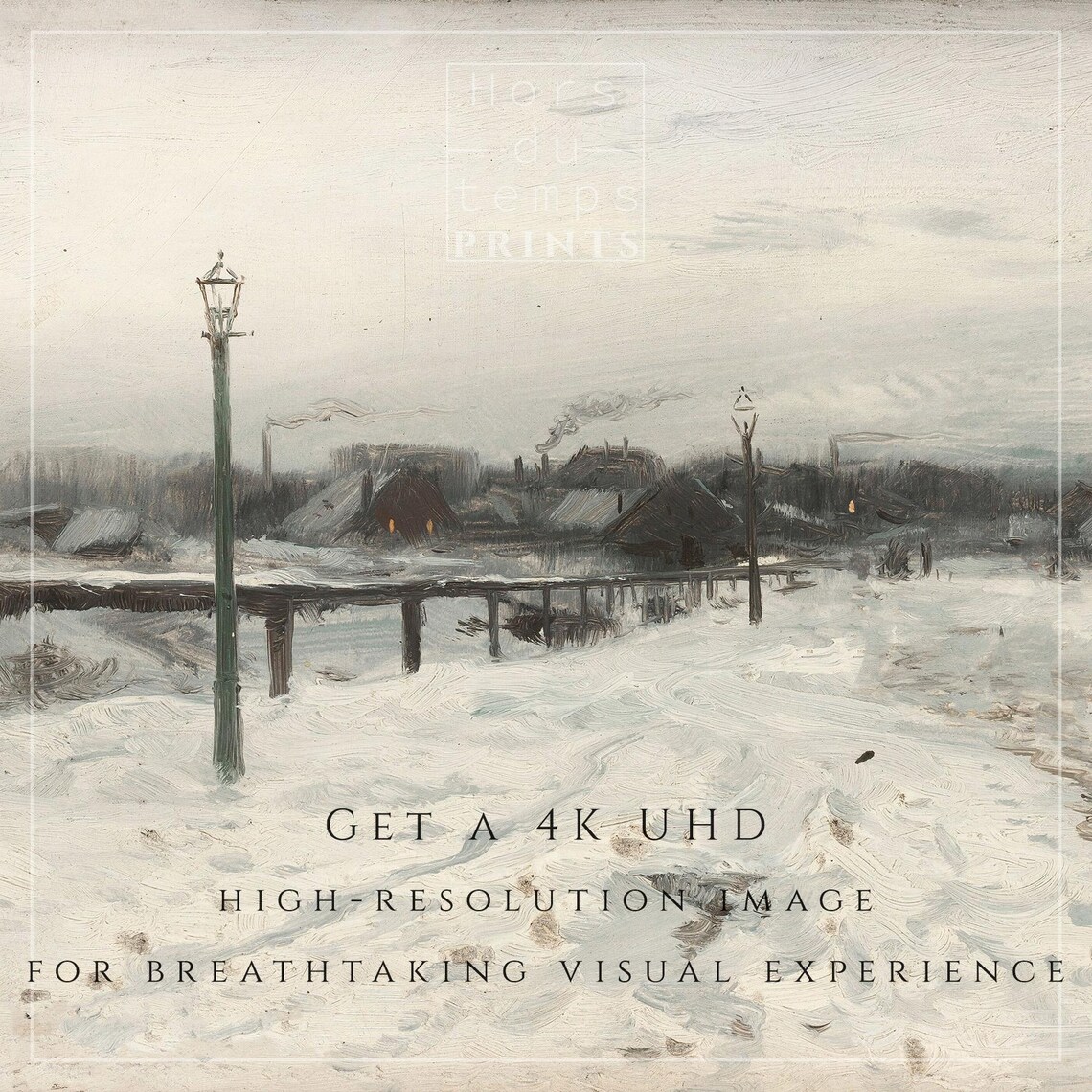 Snowy Field with Vintage Lamp Posts Distant Village Winter Poster - Image 2