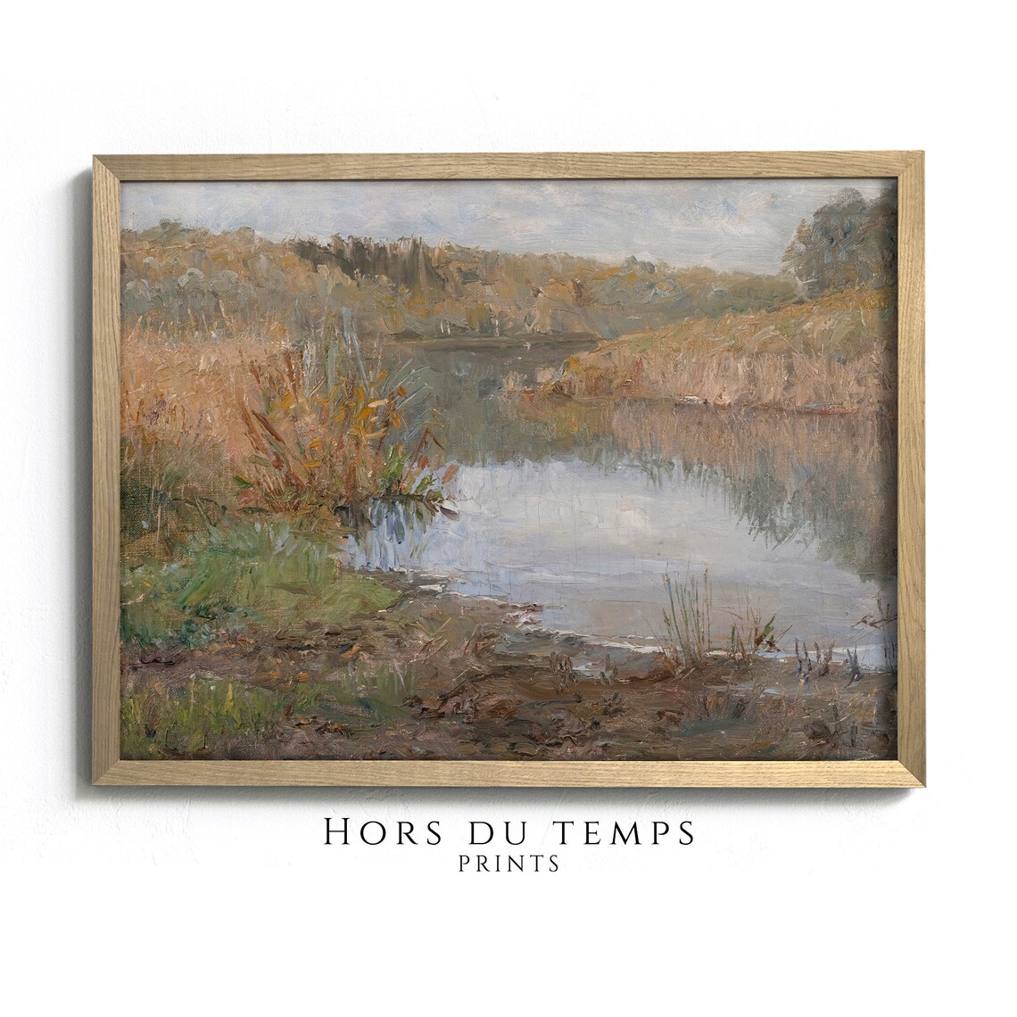 Golden Reeds at a Still River Bend Autumn Vintage Painting Poster