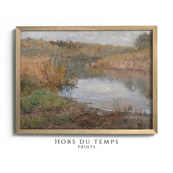 Muted Meadow River Landscape Oil Painting Rustic Country Farmhouse Art Vintage Cottage Wall Decor Hors Du Temps Prints