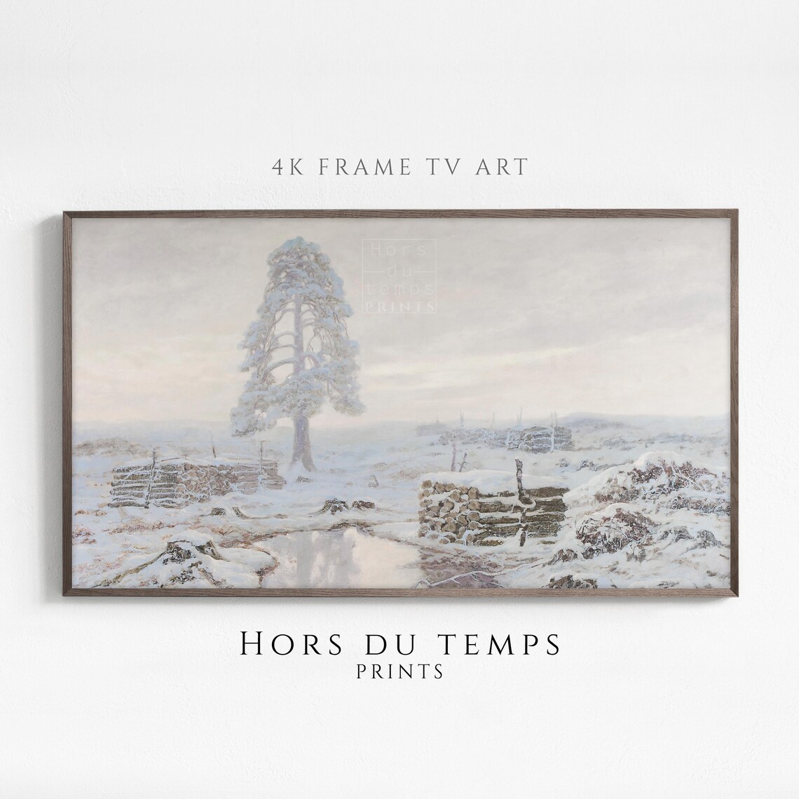 Tall Lone Pine in a Misty Snowy Field Vintage Winter Landscape Poster