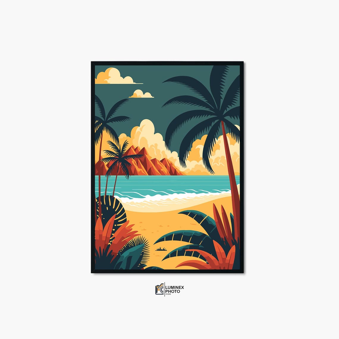Tropical Beach Palm Trees Ocean Sunset Illustration Art Print