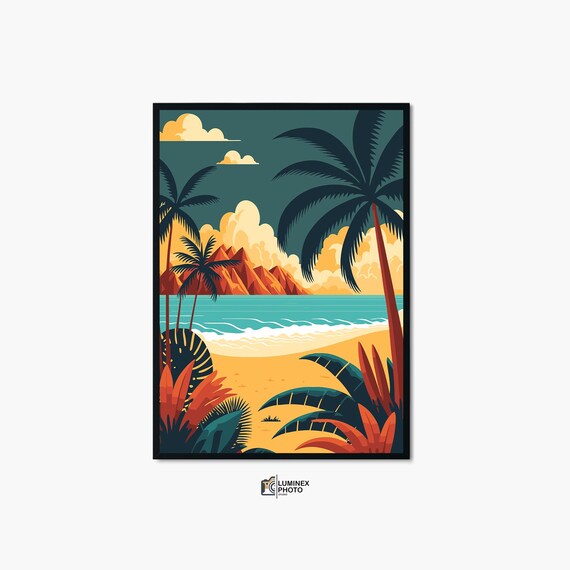 Tropical Beach Palm Trees Ocean Sunset Illustration Art Print