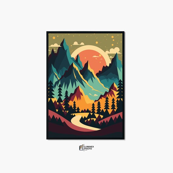 Geometric Mountain Sunset Lake Pines Retro Adventure Art Poster