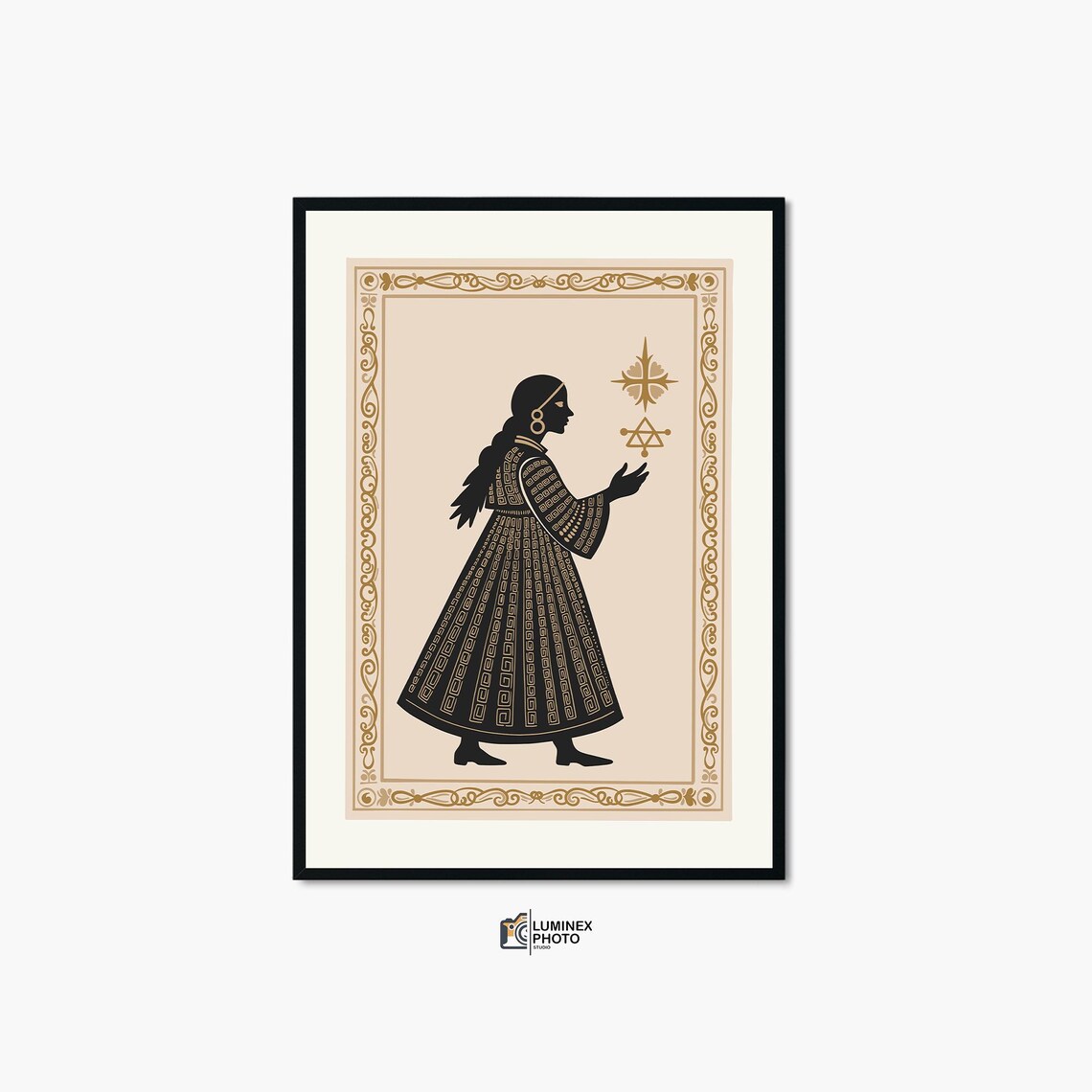 Elegant Silhouette Woman Stars Ornate Dress Gold Black Art Poster