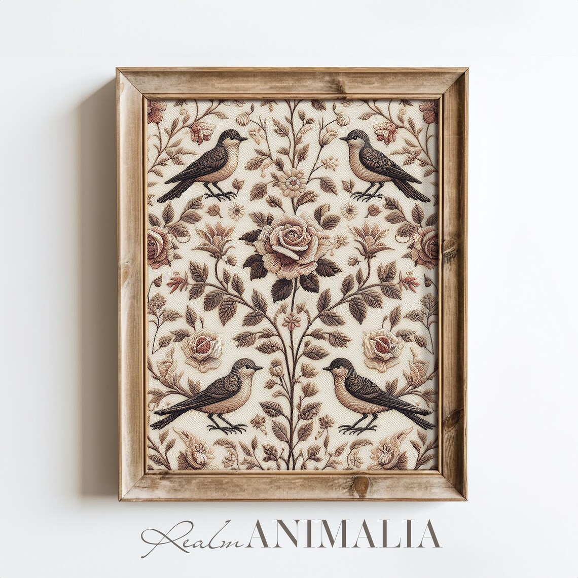 Birds And Roses Botanical Embroidery Vintage Neutral Textile Art Print - Image 2