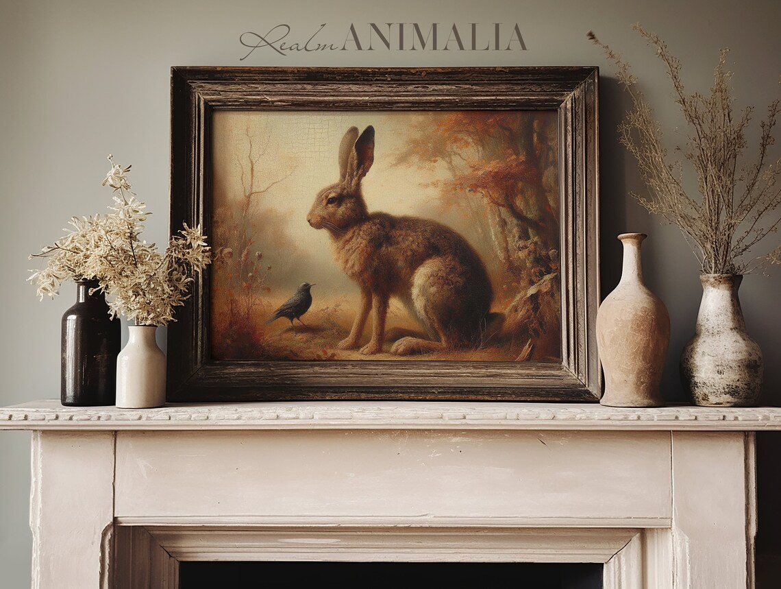 Autumn Rabbit and Blackbird Vintage Oil Painting Moody Fall Wildlife Poster - Image 3