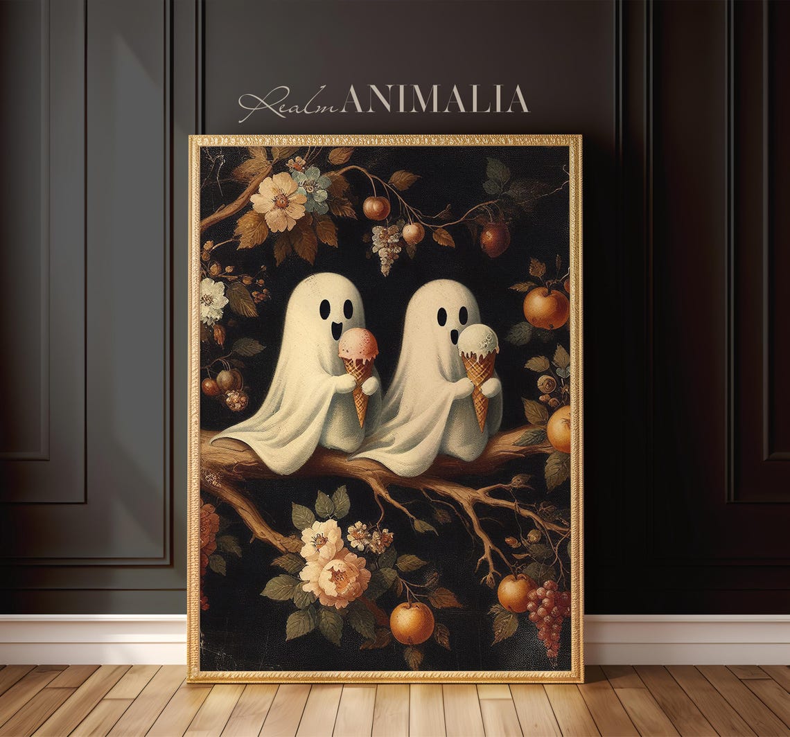 Two Cute Ghosts Eating Ice Cream On Fruit Branch Dark Botanical Poster - Image 2