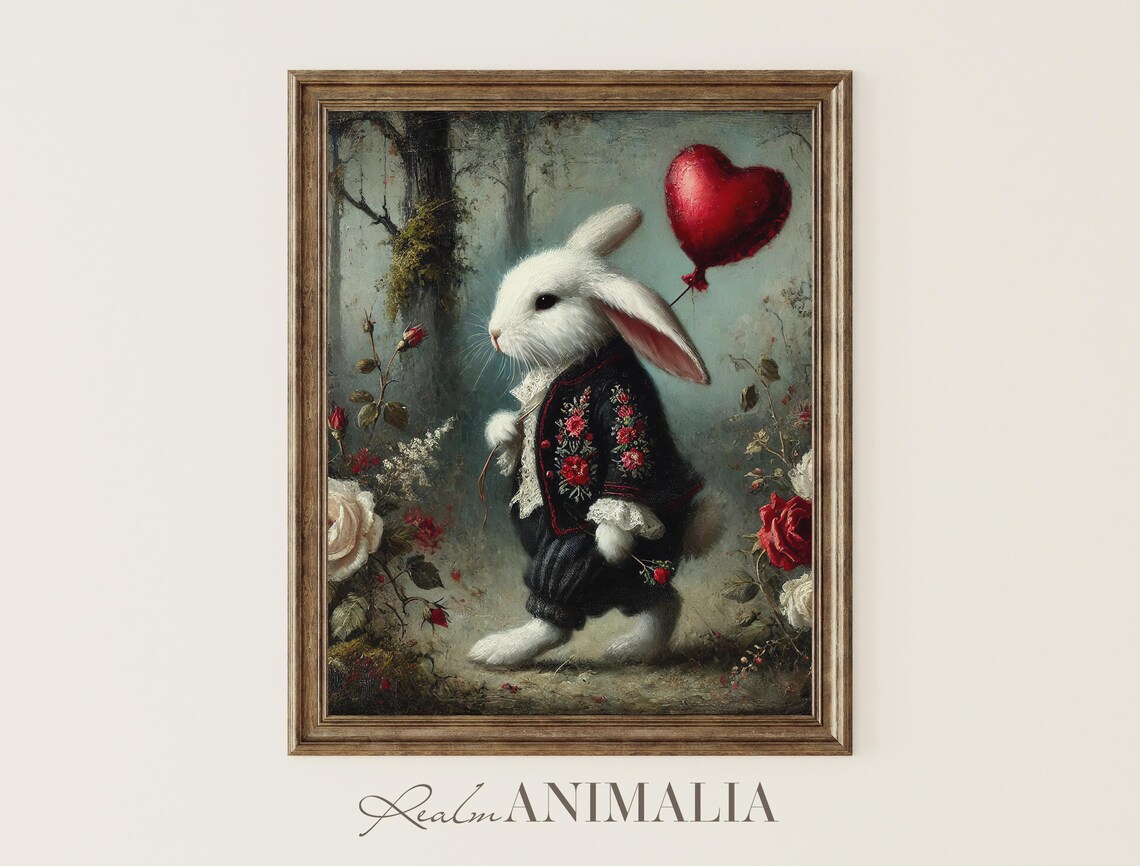 White Bunny Rabbit Art Print, Whimsical Valentine Style