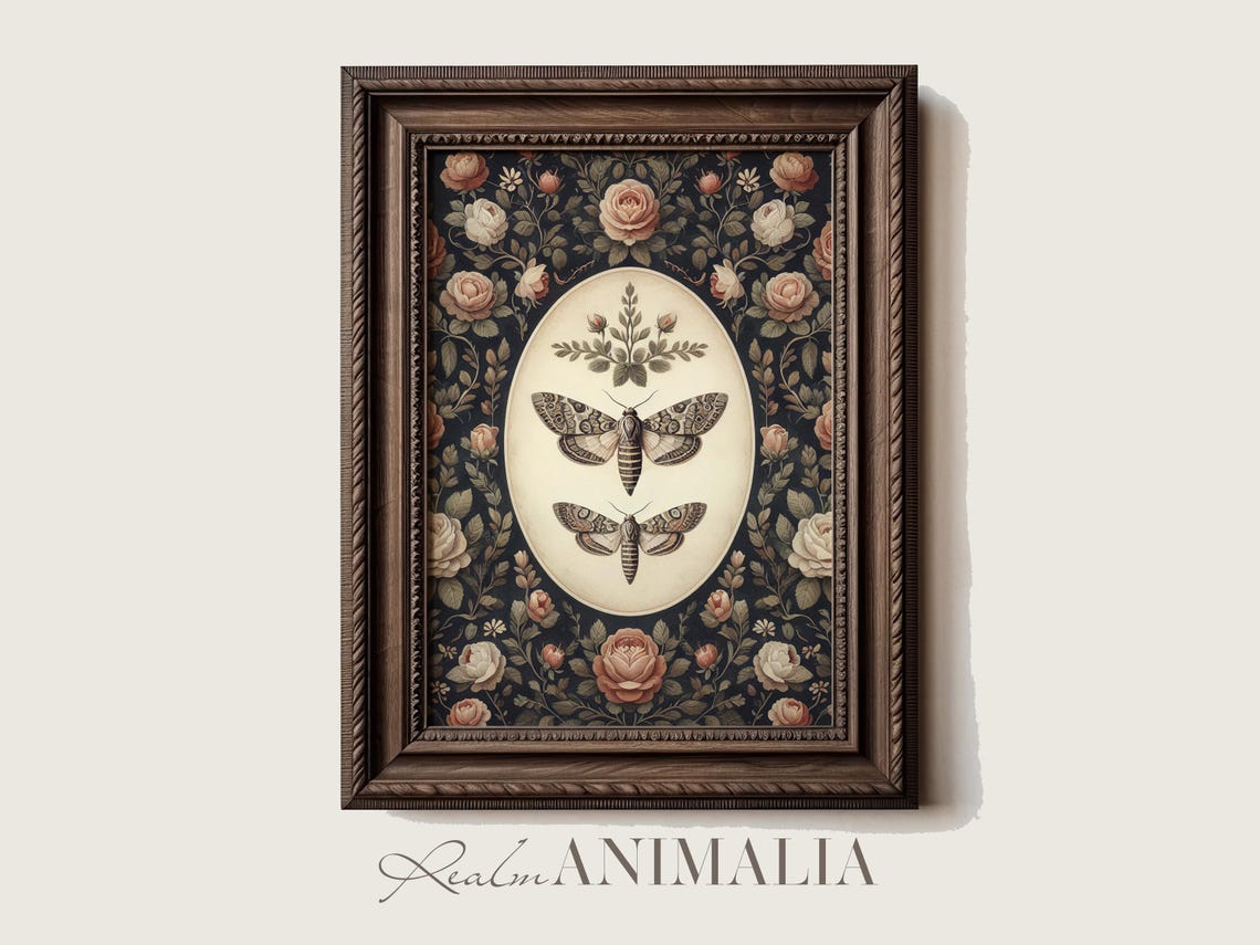 Two Patterned Moths In Oval Medallion Dark Rose Tapestry Insect Poster - Image 4