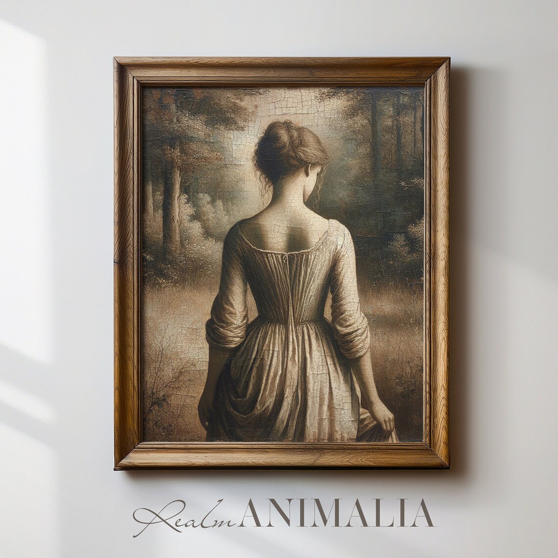 Vintage Woman Walking Into Forest From Behind Sepia Nostalgic Art Poster - Image 2