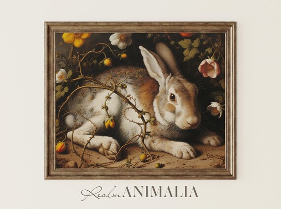 Brown Rabbit Resting In Thorny Flower Vines Moody Vintage Wildlife Print