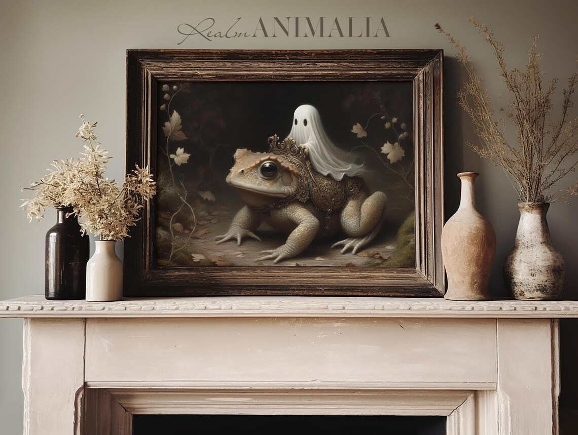 Little Ghost Riding On Toad Art Print Halloween Wall Art Whimsical Ghost Painting Moody Fall Cottagecore Art Prints Gh146 - Image 3