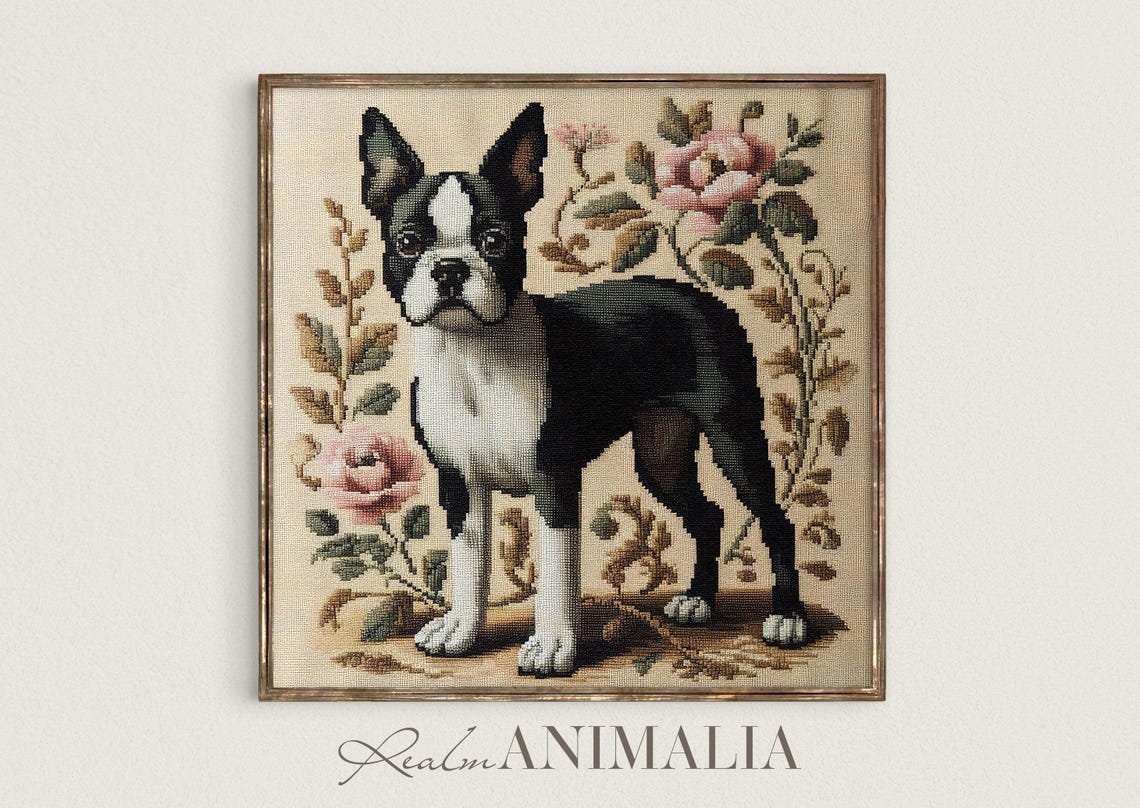 Boston Terrier Among Pink Roses Vintage Needlepoint Tapestry Art Print