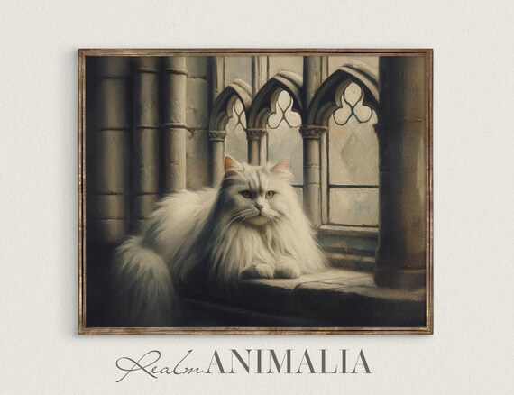 White Persian Cat On Gothic Cathedral Window Moody Portrait Poster