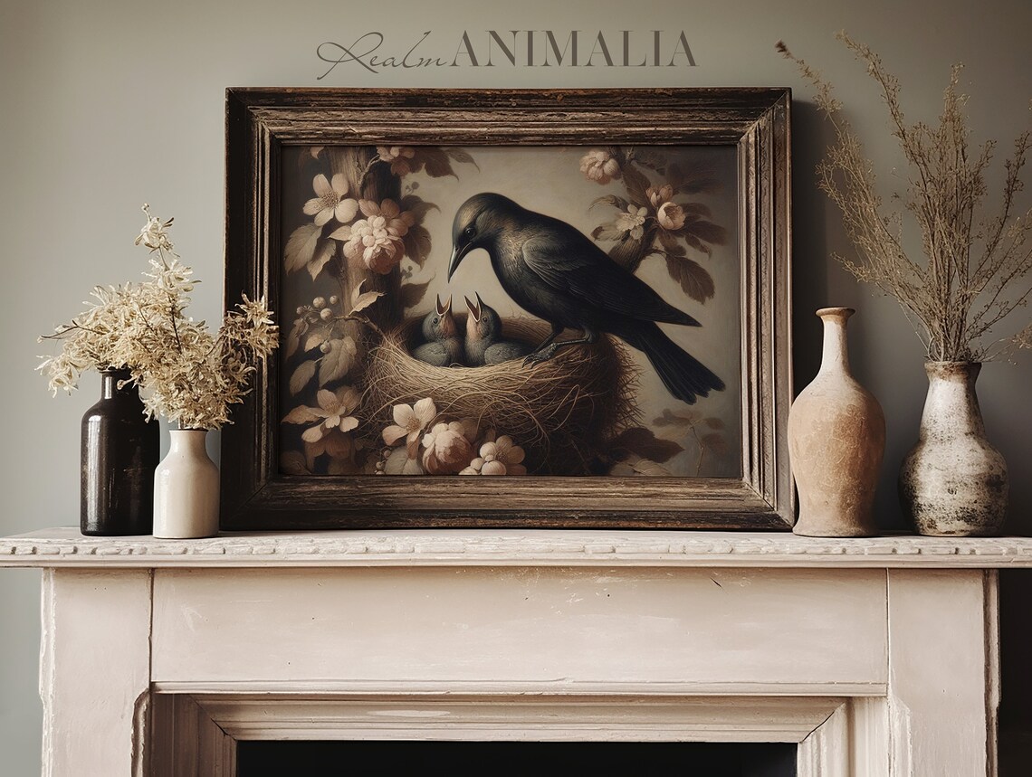 Blackbird Feeding Baby Birds In Nest Among Blossoms Vintage Wall Art Print - Image 3