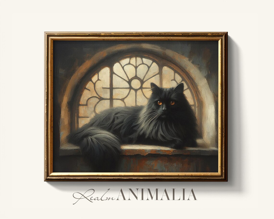 Black Long Haired Cat With Amber Eyes In Arched Window Moody Art Poster - Image 4