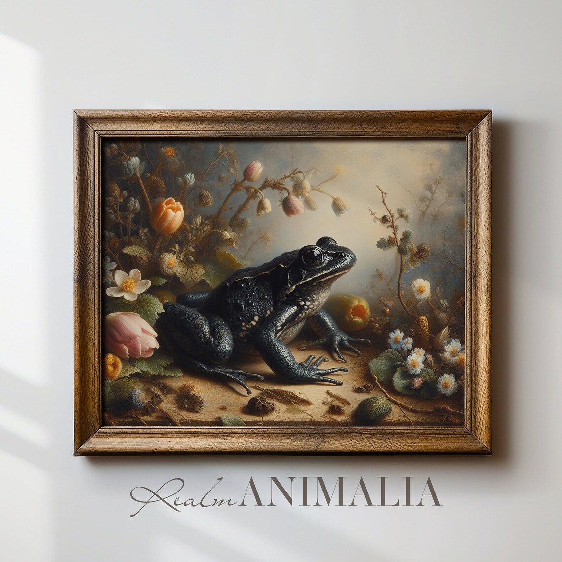 Black Frog Among Spring Wildflowers Moody Vintage Amphibian Wall Art Print - Image 4