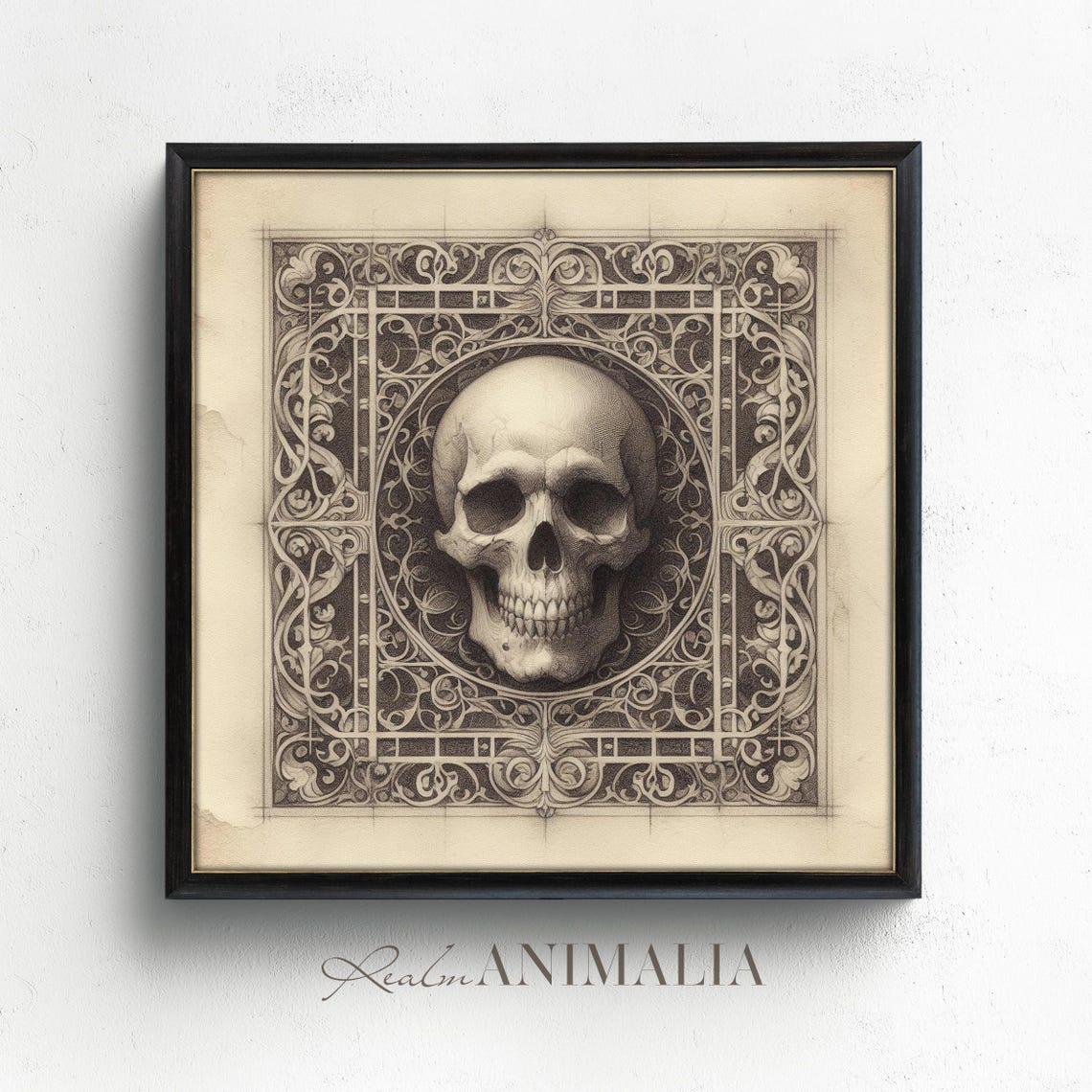 Skull Sketch In Ornate Frame Vintage Gothic Pencil Drawing Art Print - Image 3