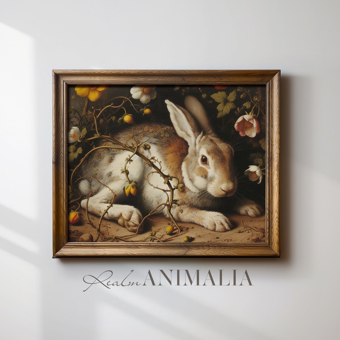 Brown Rabbit Resting In Thorny Flower Vines Moody Vintage Wildlife Print - Image 2