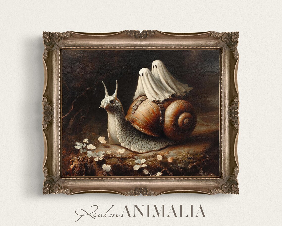 Little Ghosts Riding Snail Vintage Halloween Art Print