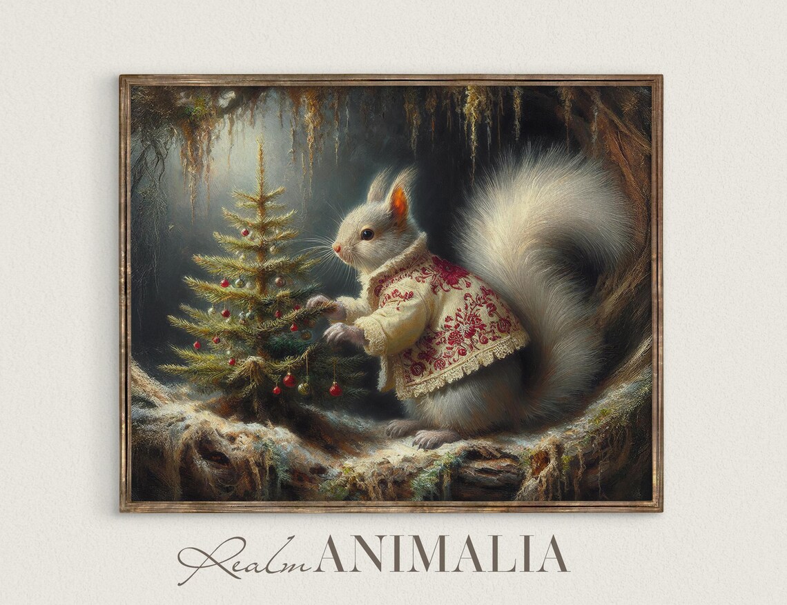 Christmas Squirrel Painting, Whimsical Holiday Art Print