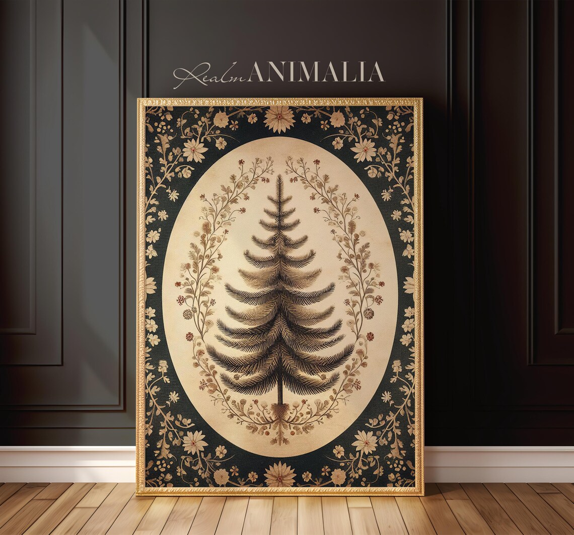 Vintage Christmas Tree Botanical On Black Gold Floral Wall Art - Image 2