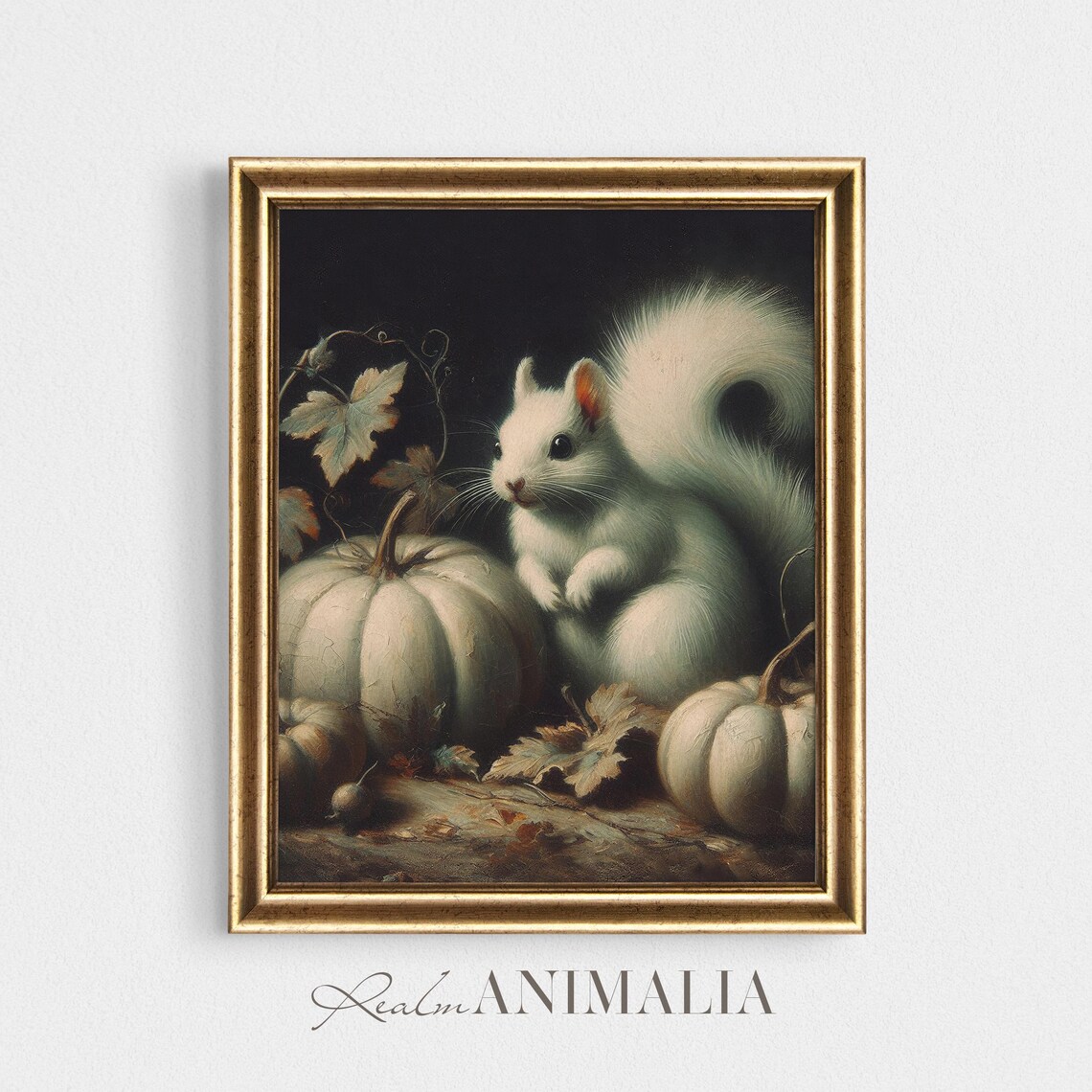 White Squirrel With White Pumpkins Dark Moody Fall Still Life Art Poster - Image 4