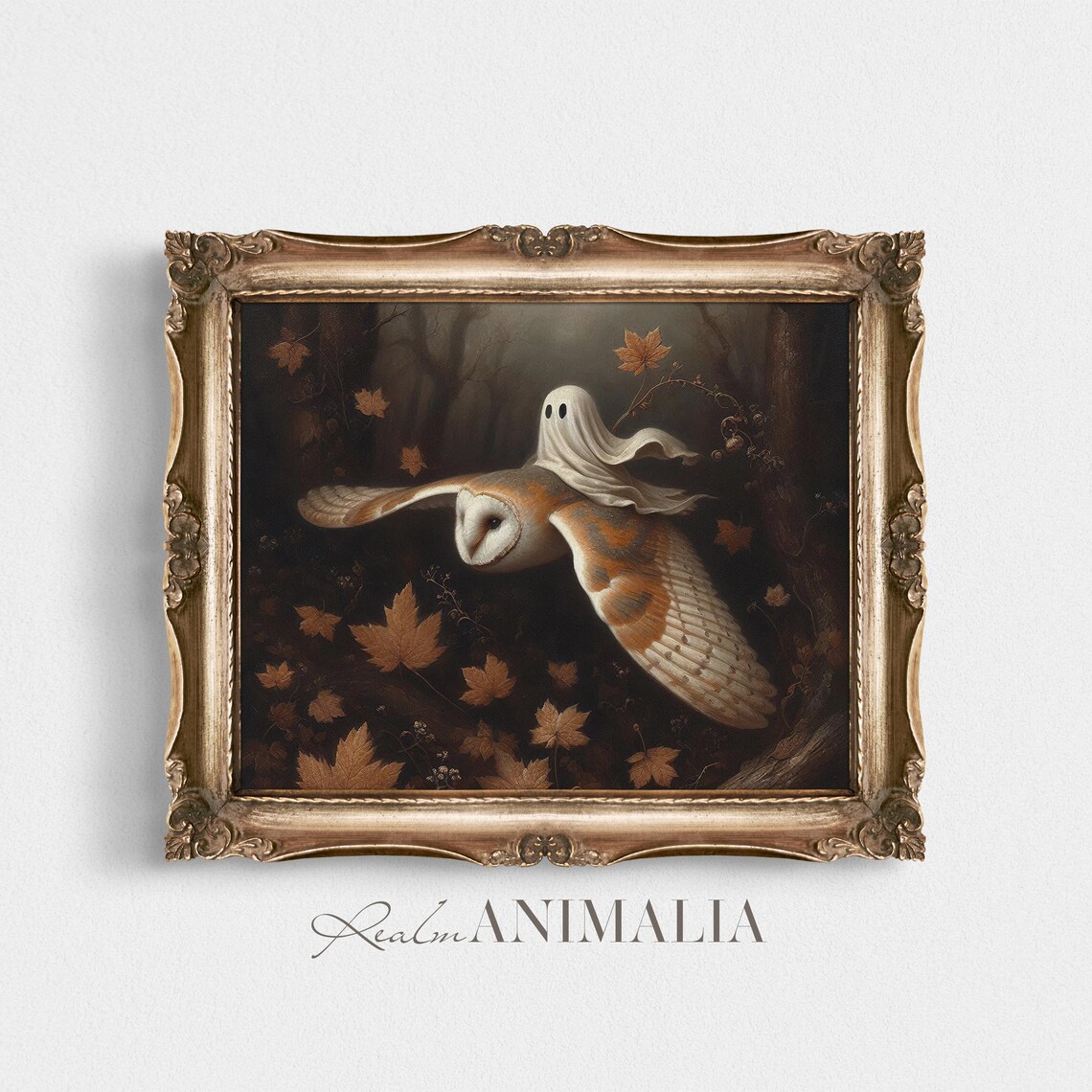 Little Ghost Riding Barn Owl Flying Autumn Leaves Moody Halloween Poster - Image 4