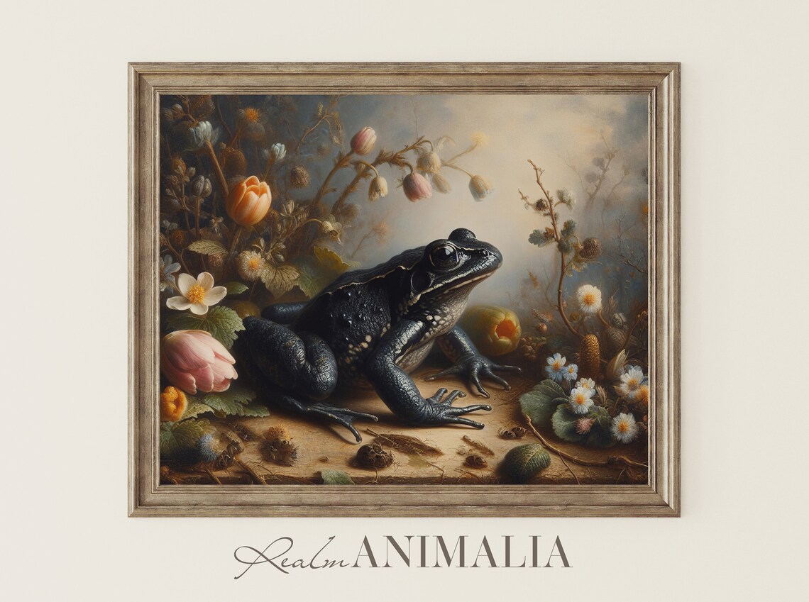 Black Frog Among Spring Wildflowers Moody Vintage Amphibian Wall Art Print