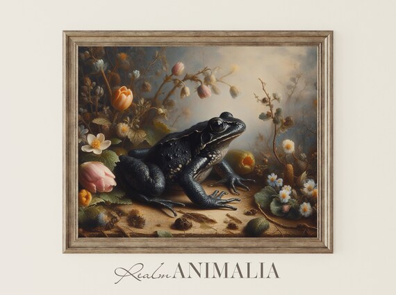 Black Frog Among Spring Wildflowers Moody Vintage Amphibian Wall Art Print