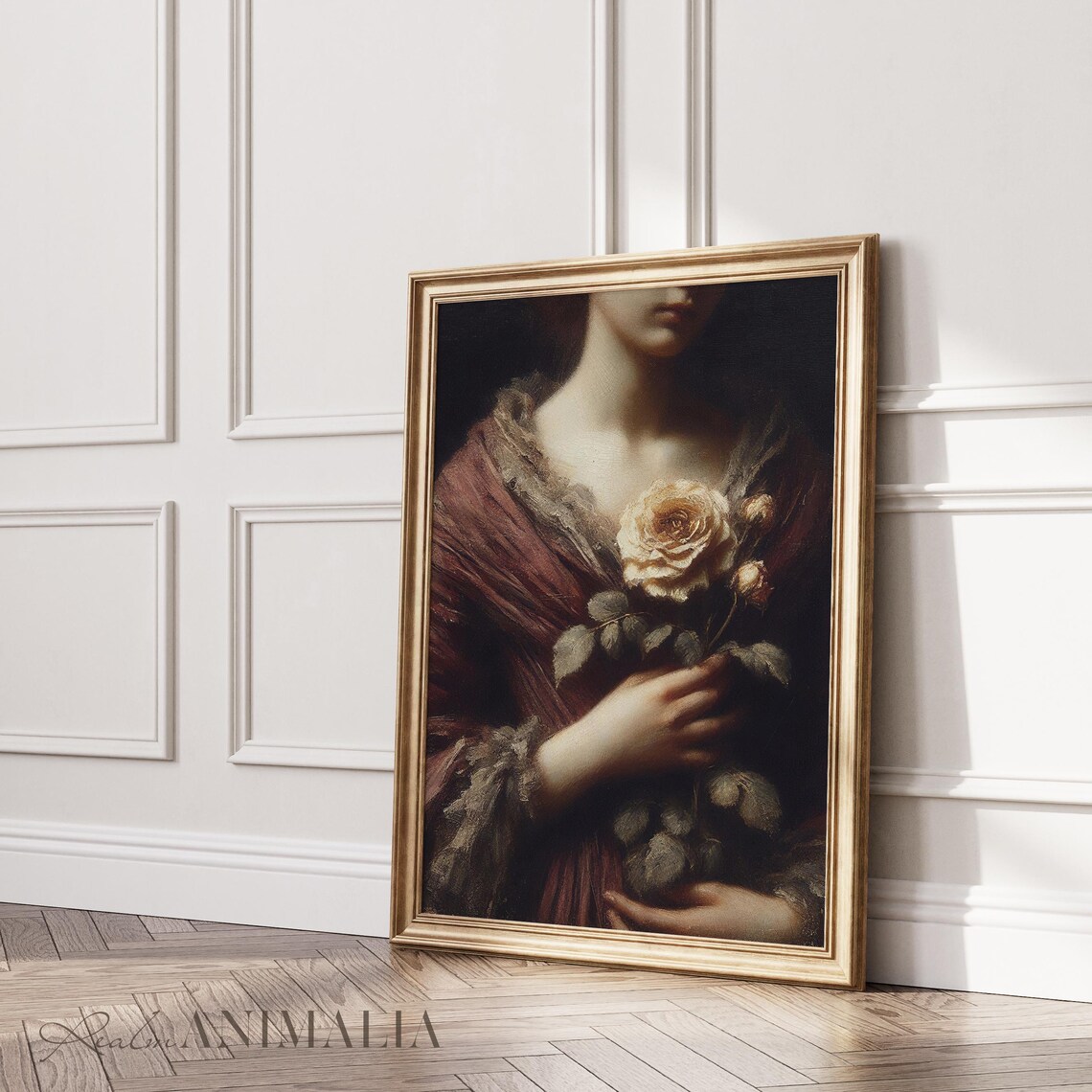 Victorian Woman Holding Cream Rose Moody Dark Floral Portrait Poster - Image 2