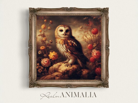 Antique Owl Square Painting Moody Vintage Wall Art Wildlife Art Print Victorian Cottage Decor Bird Art Ow019