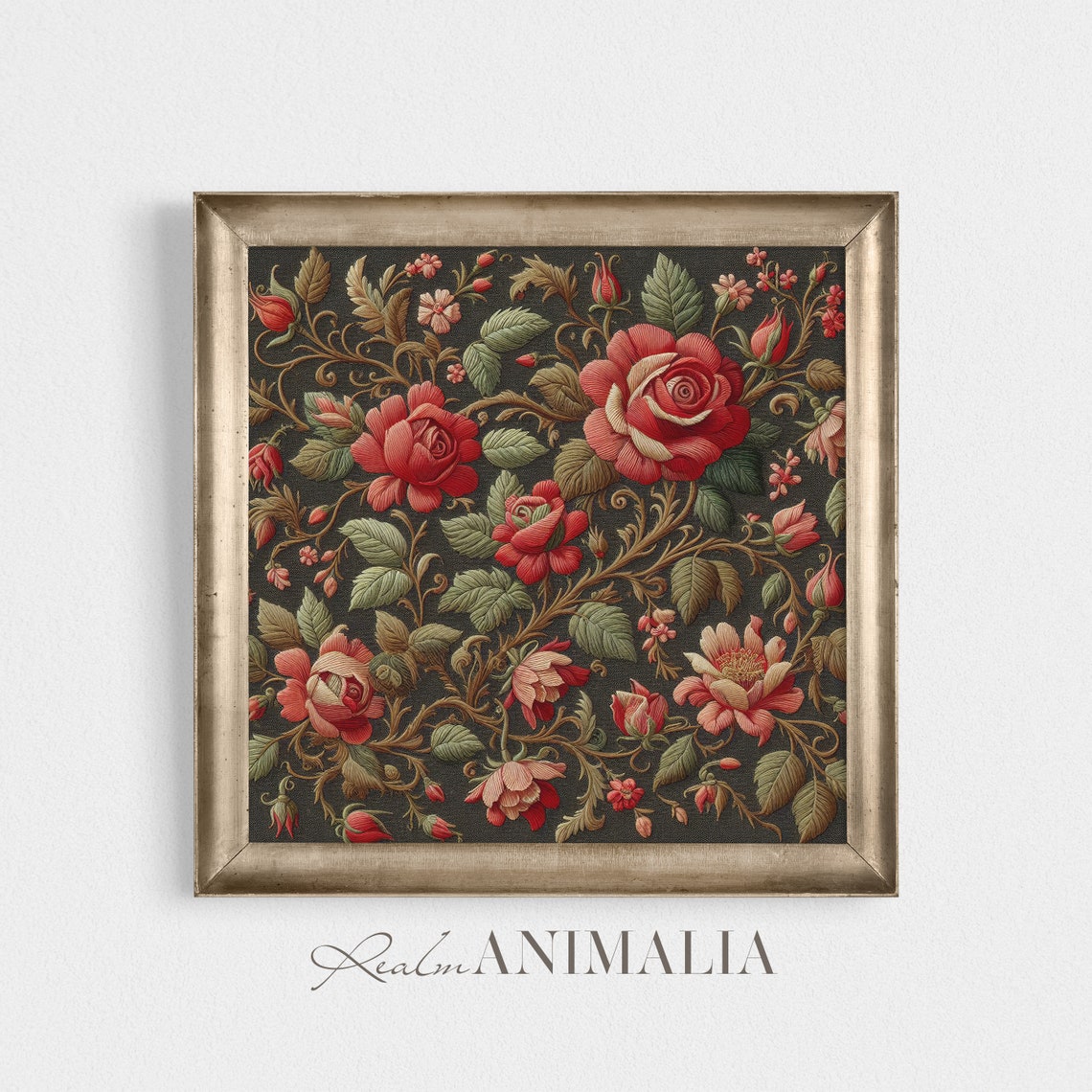 Victorian Red Roses Floral Embroidery Botanical Dark Textile Art Print - Image 2