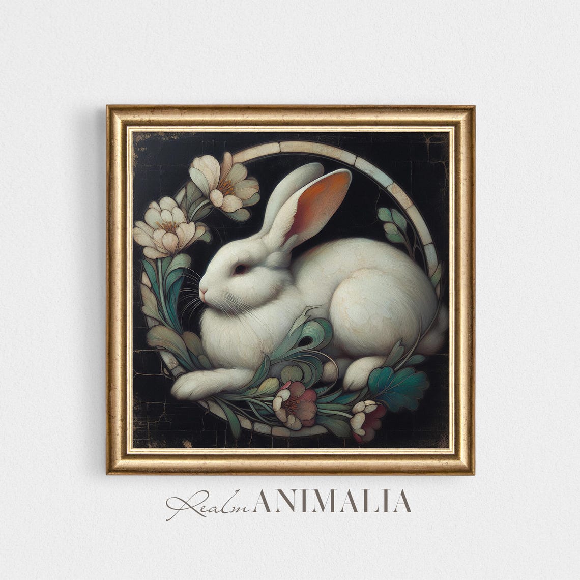 White Rabbit Curled With Flowers Art Nouveau Medallion Poster - Image 4