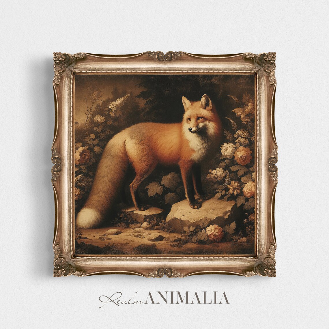 Red Fox Vintage Oil Painting Botanical Woodland Rustic Wildlife Square Poster - Image 4